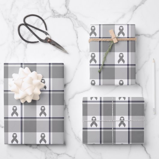 Brain Cancer Awareness Plaid Gray Ribbon ラッピングペーパーシート (正面)