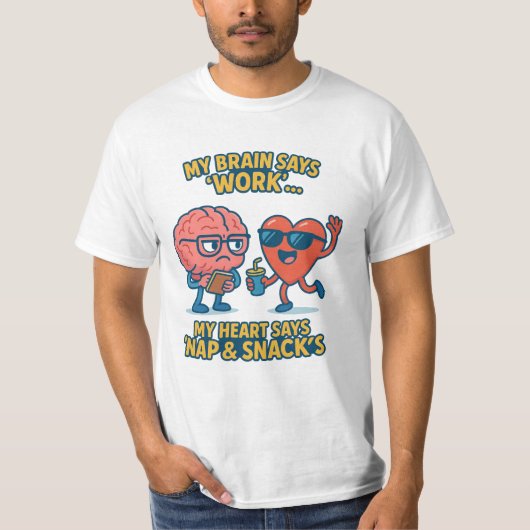 "Brain vs Heart – Work or Chill?" Funny Cartoon Te Tシャツ (正面)