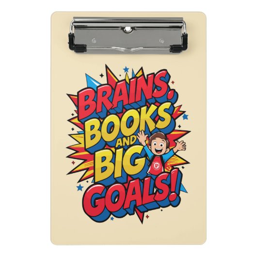Brains Booksと大きなゴール-おもしろいバックツースクール ミニクリップボード (正面)