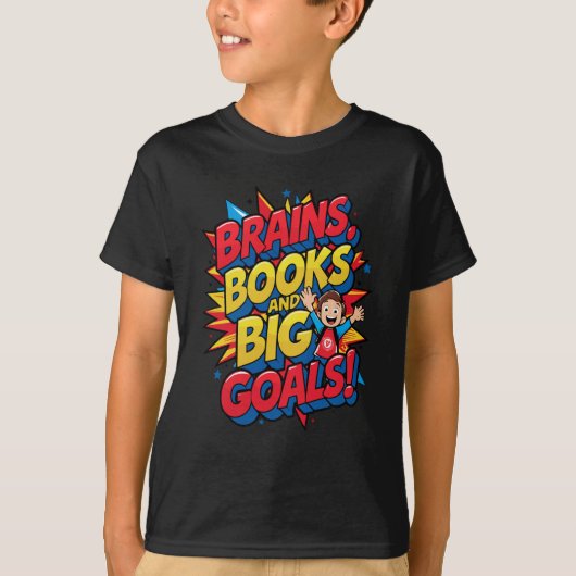 Brains Booksと大きなゴール-おもしろいバックツースクール Tシャツ (正面)