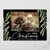 Branch and Berries on Black Christmas Photo 箔シーズンカード (正面)