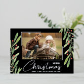 Branch and Berries on Black Christmas Photo 箔シーズンカード (立ち正面)