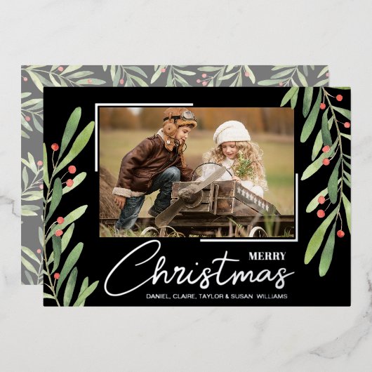 Branch and Berries on Black Christmas Photo 箔シーズンカード (正面/裏面)