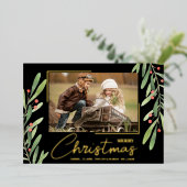 Branch and Berries on Black Christmas Photo Gold 箔シーズンカード (立ち正面)