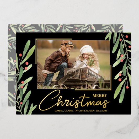 Branch and Berries on Black Christmas Photo Gold 箔シーズンカード (正面/裏面)