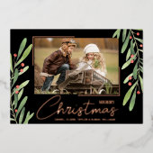 Branch Berries on Black Christmas Photo Rose Gold 箔シーズンカード (正面)
