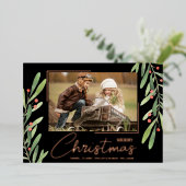 Branch Berries on Black Christmas Photo Rose Gold 箔シーズンカード (立ち正面)