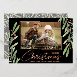 Branch Berries on Black Christmas Photo Rose Gold 箔シーズンカード