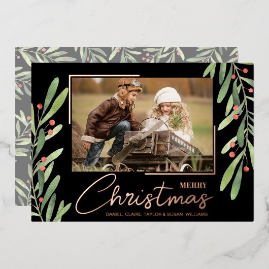 Branch Berries on Black Christmas Photo Rose Gold 箔シーズンカード (正面/裏面)