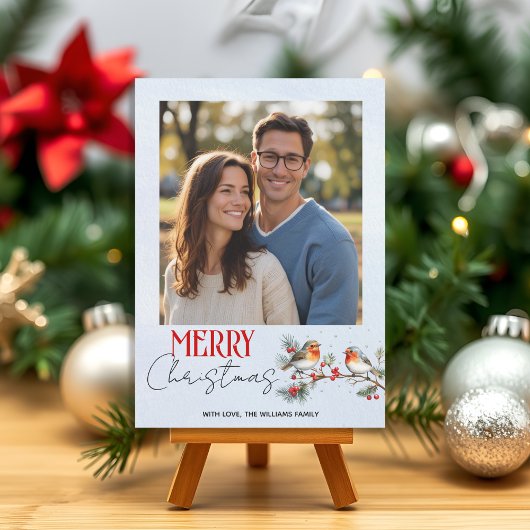 Branch, robin birds and berries Christmas photo シーズンカード