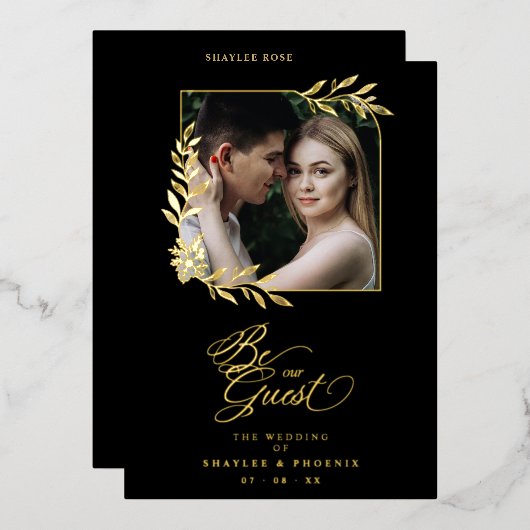 Branches Frame Luxury Golden Chic Photo Wedding 箔招待状 (正面/裏面)