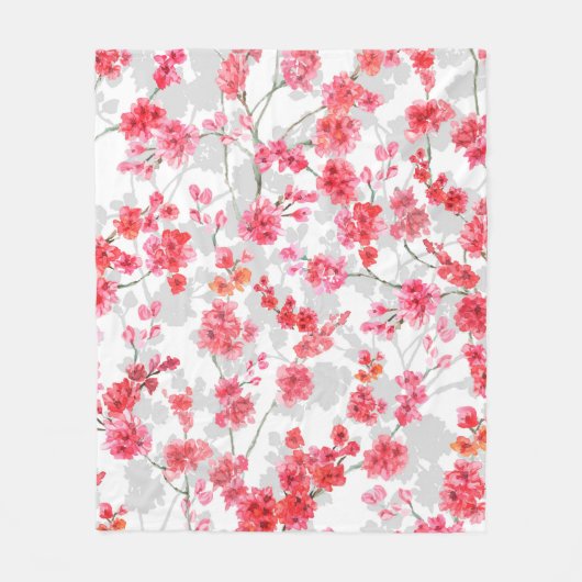 Branches of cherry blossoms on white and grey back フリースブランケット (正面)