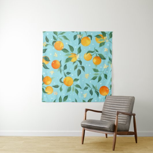 Branches of oranges with flowers on a blue backgro タペストリー (インサイチュ(横))