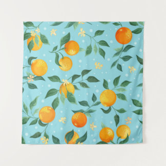 Branches of oranges with flowers on a blue backgro タペストリー