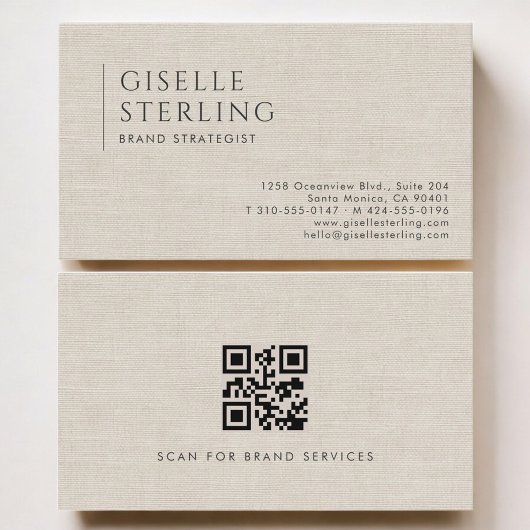 Brand Strategist Luxury Neutral Linen QR Code 名刺