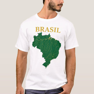 Brasil Map Rivers Gold Green Geography Tシャツ