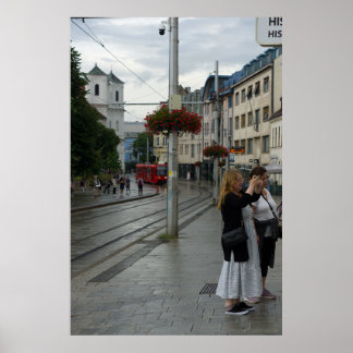 Bratislava Cathedral and Red Tram Street Scene ポスター