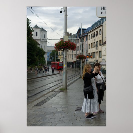Bratislava Cathedral and Red Tram Street Scene ポスター (正面)