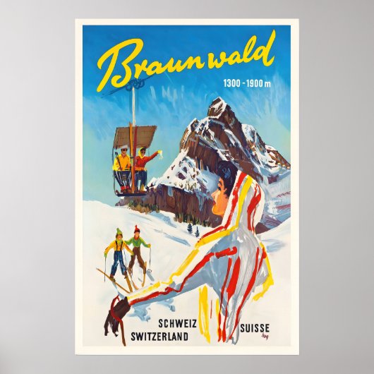 Braunwald Switzerland Vintage Ski Poster - Framed ポスター (正面)