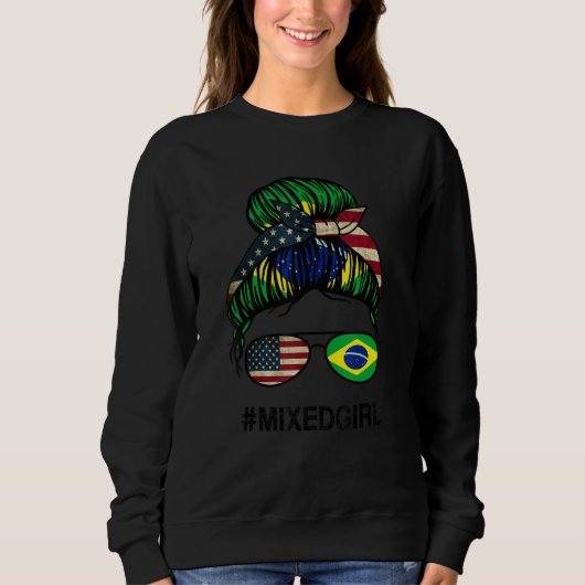 Brazil American Flag   USA Brazilian Messy Bun スウェットシャツ (正面)