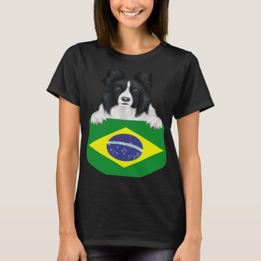 Brazil Flag Border Collie Dog In Pocket Tシャツ (正面)