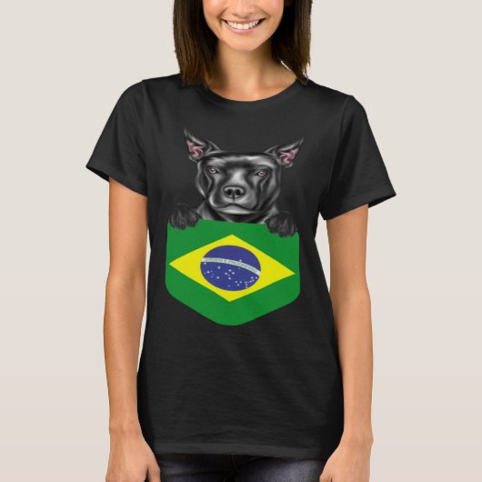 Brazil Flag Staffordshire Bull Terrier Dog In Pock Tシャツ (正面)