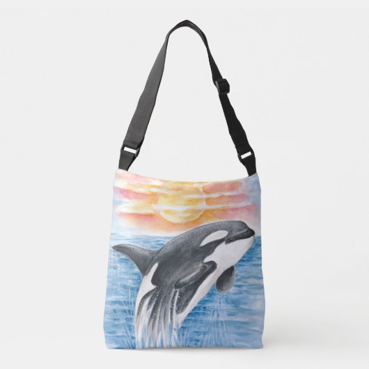 Breaching Orca Whale Sunset Watercolor クロスボディバッグ (正面)