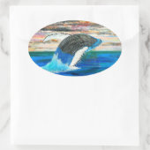 Breaching Wale sunsetの絵画バブル太平洋アート 楕円形シール (バッグ)