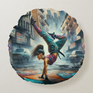 Breakdancer Women in action New Yorkのシルエット ラウンドクッション