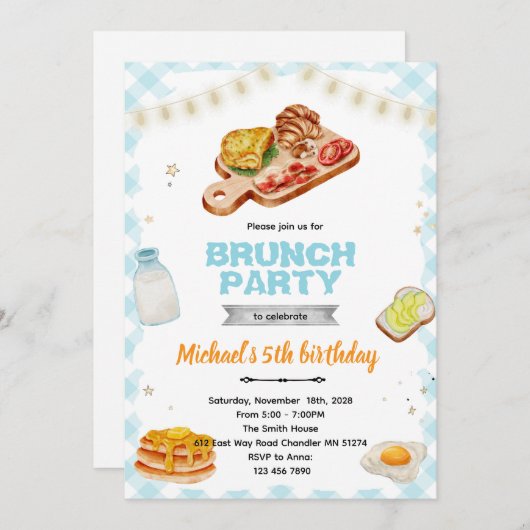 Breakfast brunch Birthday party invitation 招待状 (正面/裏面)