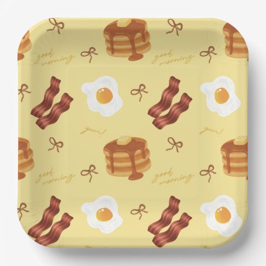 Breakfast Brunch Theme Bacon Eggs Pancakes Pattern ペーパープレート (正面)