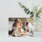 Breakfast in Bed: Girl, Terrier and Kitty Cat ポストカード (スタンド正面)