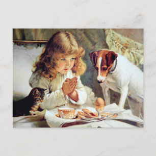 Breakfast in Bed: Girl, Terrier and Kitty Cat ポストカード