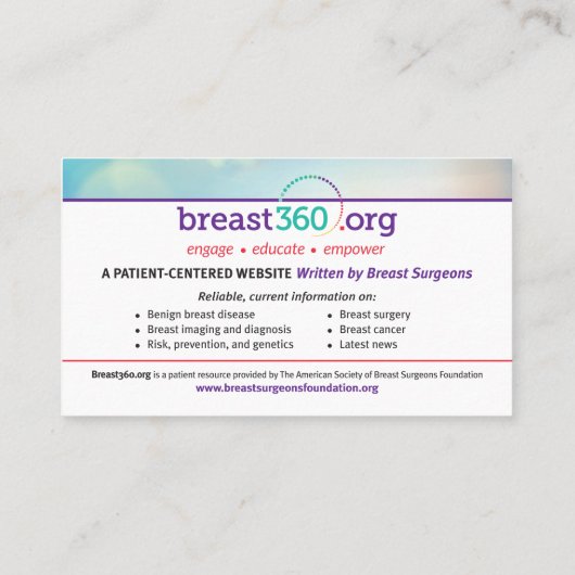 Breast360.org患者教育カード – eng/sp 名刺 (裏面)