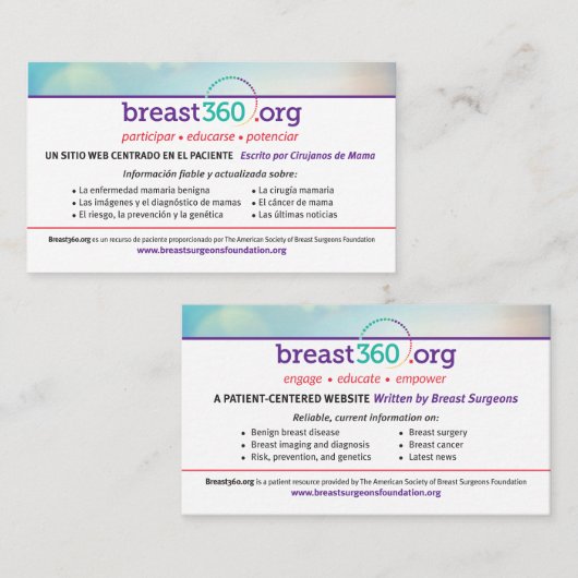 Breast360.org患者教育カード – eng/sp 名刺 (正面/裏面)