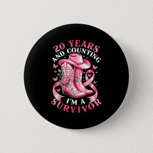 Breast Cancer 20 Years Survivor Nk Ribbon Cowgirl  缶バッジ (正面)