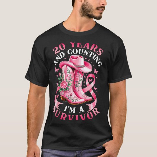 Breast Cancer 20 Years Survivor Nk Ribbon Cowgirl  Tシャツ (正面)