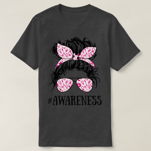 Breast Cancer Awareness Messy Bun Glasses Awarenes Tシャツ (デザイン正面)