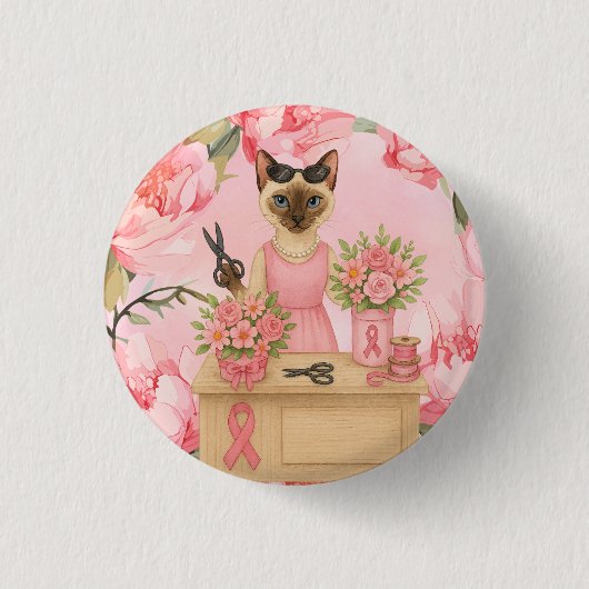 Breast Cancer Awareness Pink ribbon florist themed 缶バッジ (正面)