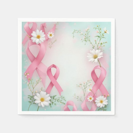 Breast Cancer Awareness Pink Ribbons and Daisies スタンダードカクテルナプキン (正面)