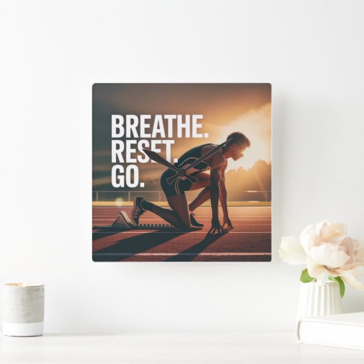 Breathe. Reset. Go. スクエア壁時計 (ホーム)