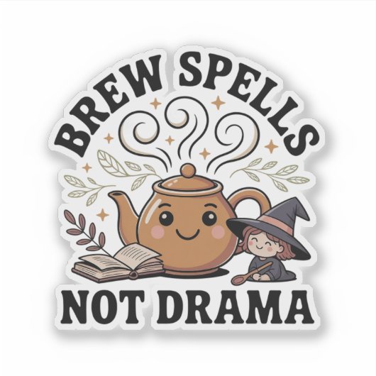 Brew Spells Not Drama — cozy witch teapot シール (正面)