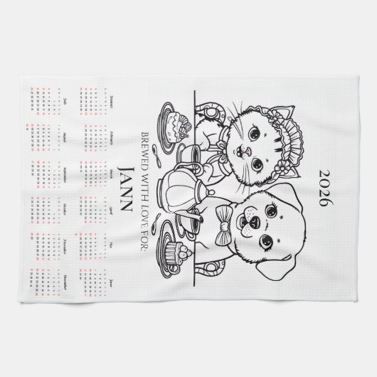 Brewed with Love Cat & Dog Tea Towel Calendar キッチンタオル (横)