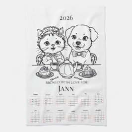 Brewed with Love Cat & Dog Tea Towel Calendar キッチンタオル