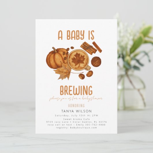 Brewing cinnamon Cozy Fall Pumpkin Baby Shower 招待状 (スタンド正面)