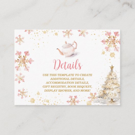 Brewing Pink Winter Tea Party Baby Shower Details エンクロージャーカード (正面)