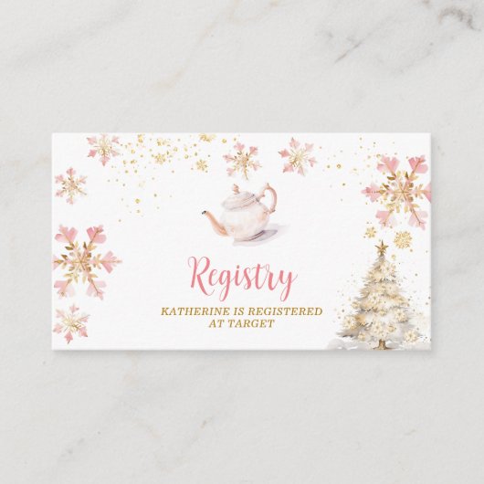 Brewing Pink Winter Tea Party Baby Shower Registry エンクロージャーカード (正面)
