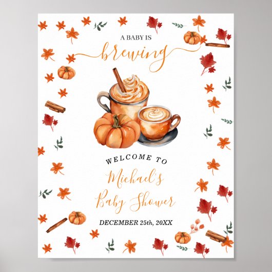 Brewing Pumpkin Spice Coffee Baby Shower Welcome ポスター (正面)