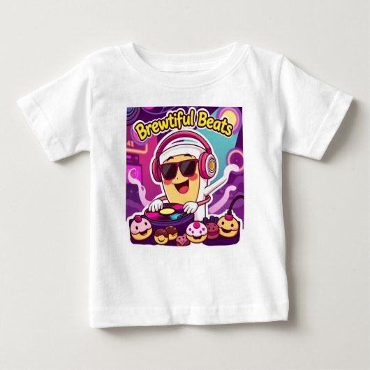 "Brewoltyビート- DJ Coffee Cup Cartoon Sticker" ベビーTシャツ (正面)