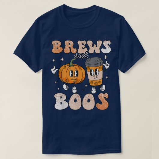 Brews & Boos Cute Fall Coffee Lover Retro Hallowee Tシャツ (デザイン正面)